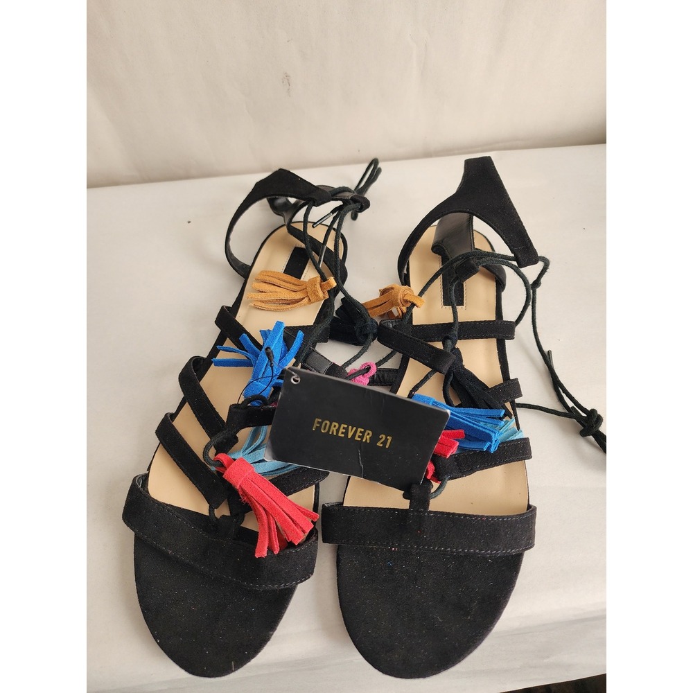 Forever 21 Black Strappy Gladiator Sandals Multi Color Tassel Lace Up Womens 8